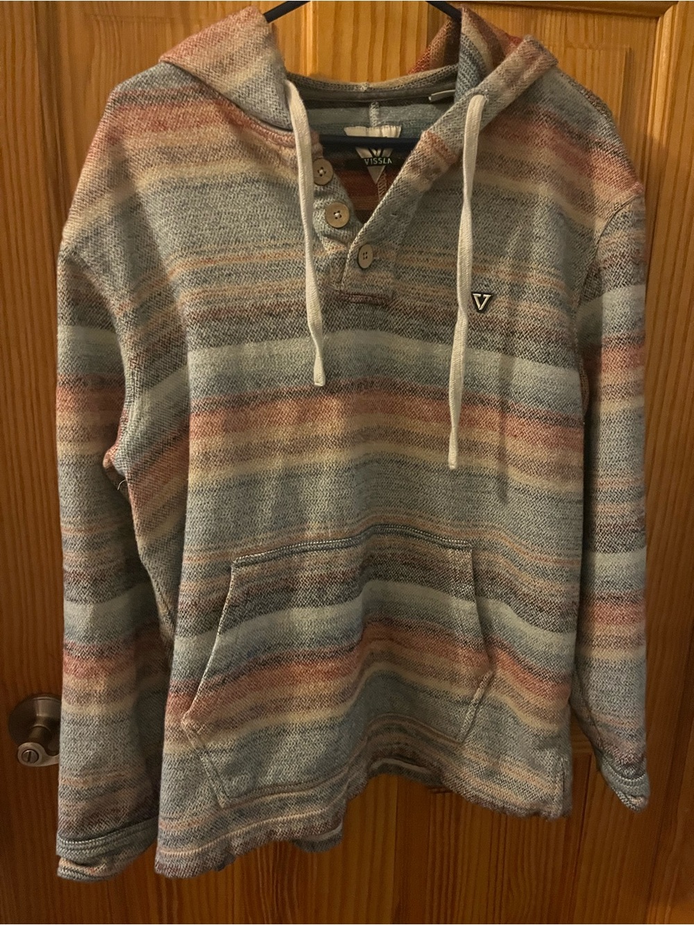 VISSLA Striped Hooded Pullover in Blue and Tan Tones